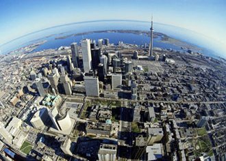 Birdseye view of a business quarter in a large city