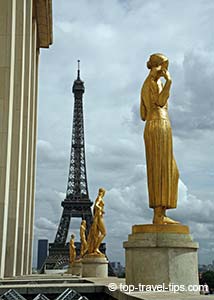 Golden statues front of Eiffel tower Paris