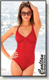 Woman wearing red coloured one piece swimsuit