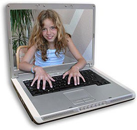 Child planning international travel using laptop