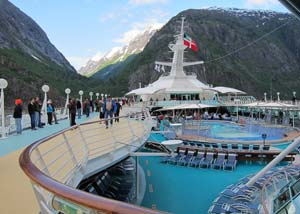 View from top deck of Alaskan cruise ship