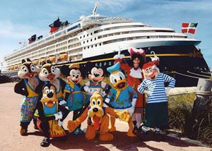 Disney characters in front of Disney cruise ship