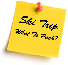 Yellow sticker note reminder of what to pack for ski trip